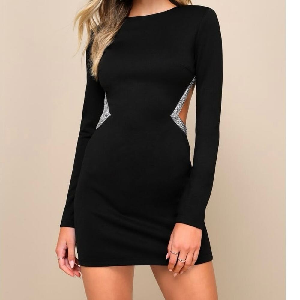 Lulus Size Large Dress Mini Long Sleeve Cutout Rhinestone Sparkling Stunner